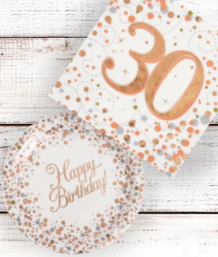 Rose Gold Confetti 30th Birthday Party Supplies and Ideas